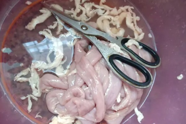 如何清洗猪生肠，先将肥油剪除