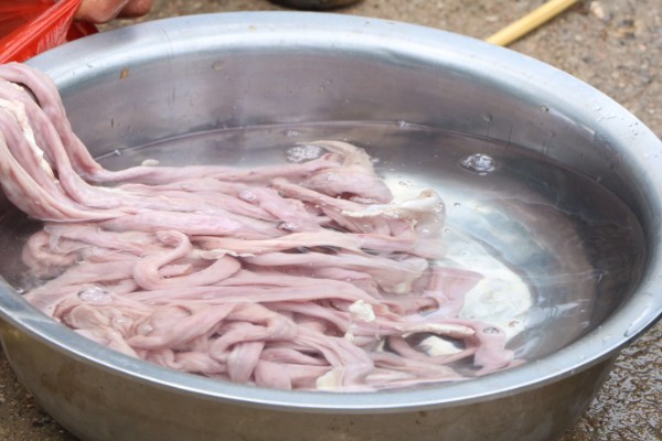 如何清洗猪生肠，先将肥油剪除